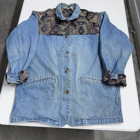 L.L. Bean Jackets & Blazers - Vintage LL Bean Denim Chore Coat Southwestern Tapestry Yoke Light Wash Blue